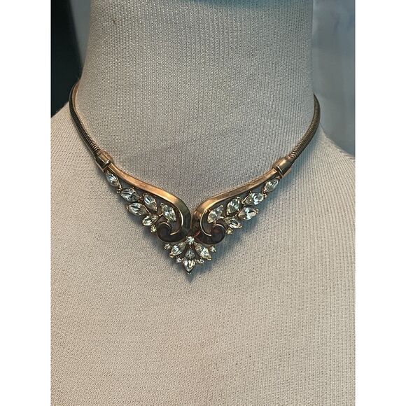 Vintage Crown Trifari Philippe GOLD & Rhinestone Marquis Stone Choker Necklace - Picture 12 of 15